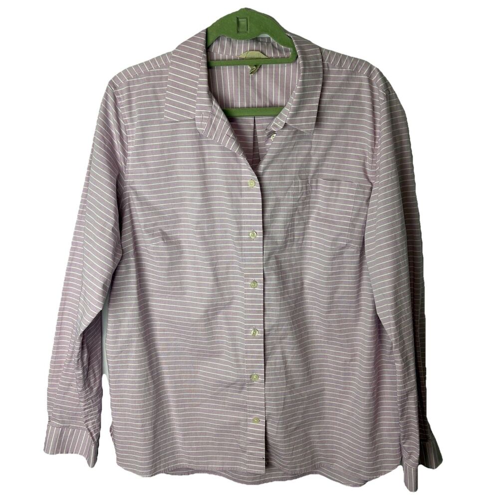 Duluth Trading Women’s Wrinkle Fighter Top XL White Purple Stripe Button Shirt